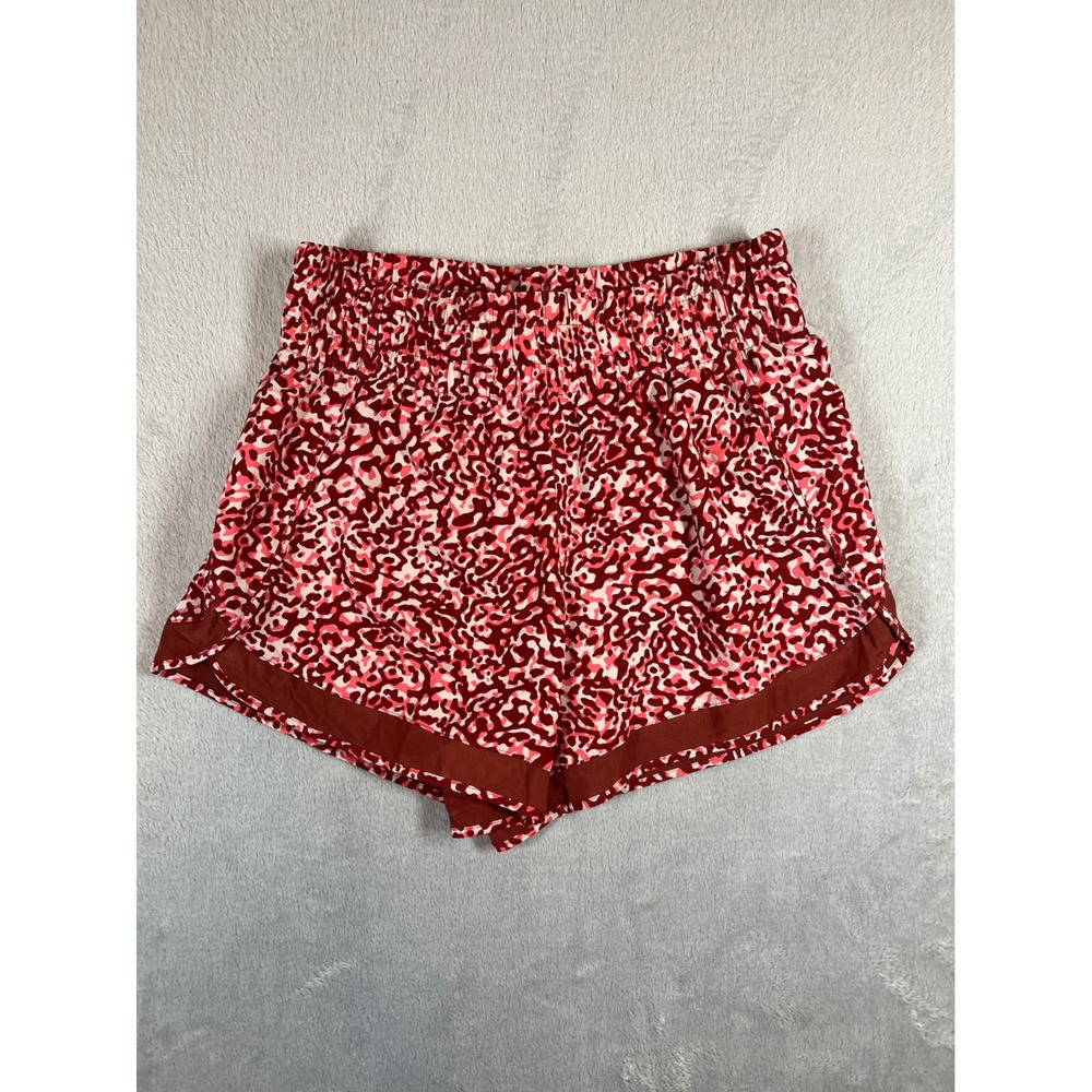 Athleta Mesh Racer Run High Rise 3" Shorts Red Pink Leopard Print Women's Medium